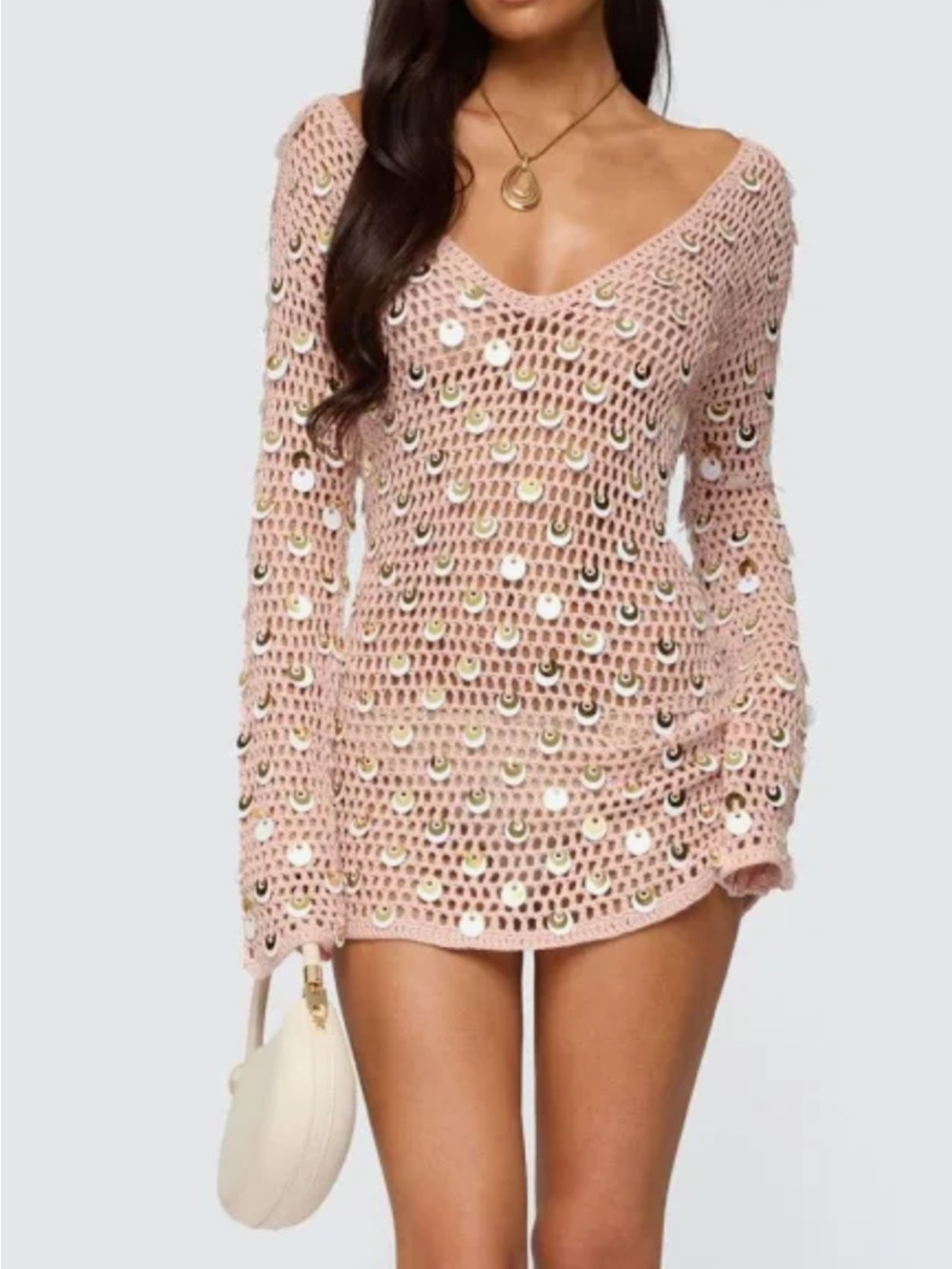 Edikted Blush nude Sequin Crochet Long Sleeve Cover-Up